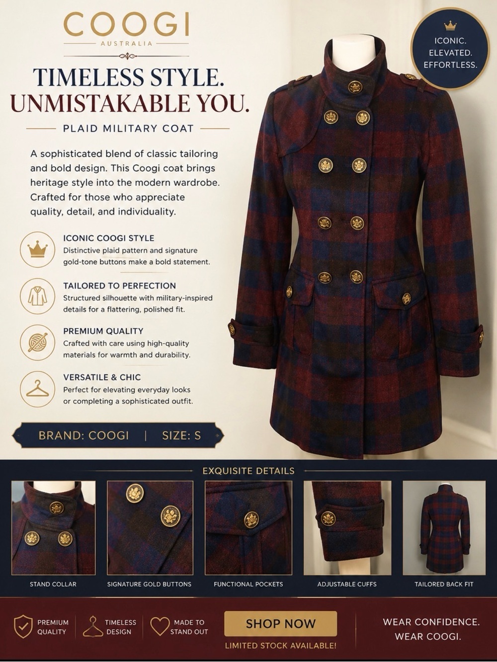 COOGI  vintage Women’s Plaid Wool Blend Coat Outerwear Long Jacket